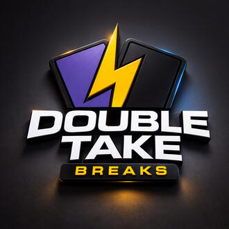 Double Take Breaks Logo consisting of a yellow lightning bolt between a purple revealed card and a black cover card.